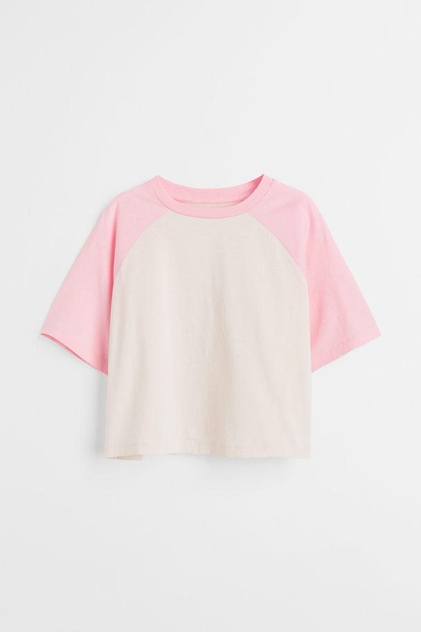 H&M Kort T-shirt Van Katoenen Tricot Lichtroze/lichtbeige