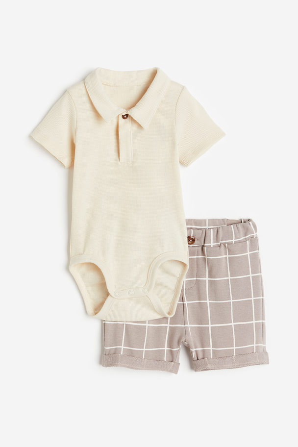 H&M 2-piece Bodysuit And Shorts Set Beige/checked