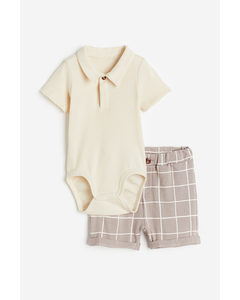 2-piece Bodysuit And Shorts Set Beige/checked