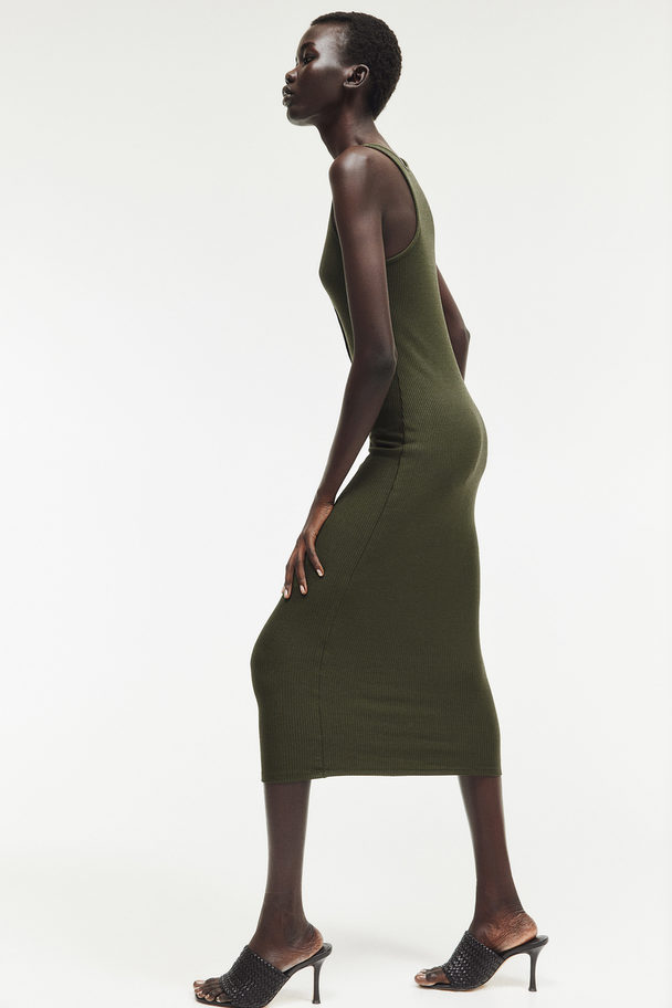 H&M Button-top Jersey Dress Dark Green