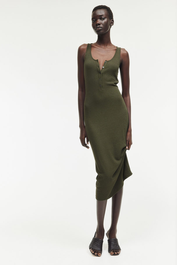 H&M Button-top Jersey Dress Dark Green