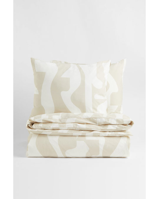 H&M HOME Cotton Double Duvet Cover Set Light Beige/patterned