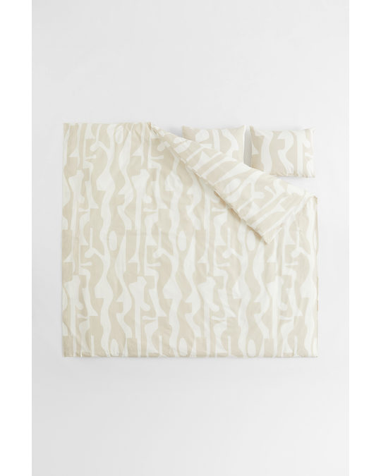 H&M HOME Cotton Double Duvet Cover Set Light Beige/patterned
