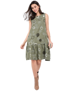 Mid-lenght Round Collar Dress With Prints And Ruffled Bottom
