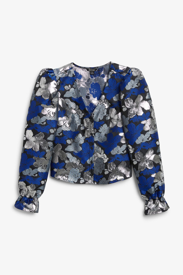Monki Floral Jacquard Puff Sleeve Blouse Blue & Silver Flowers