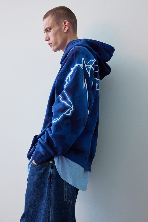 H&M Oversized Capuchonsweater Met Print Blauw/metallica