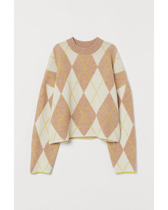 H&M Jacquard-knit Jumper Beige/argyle Pattern