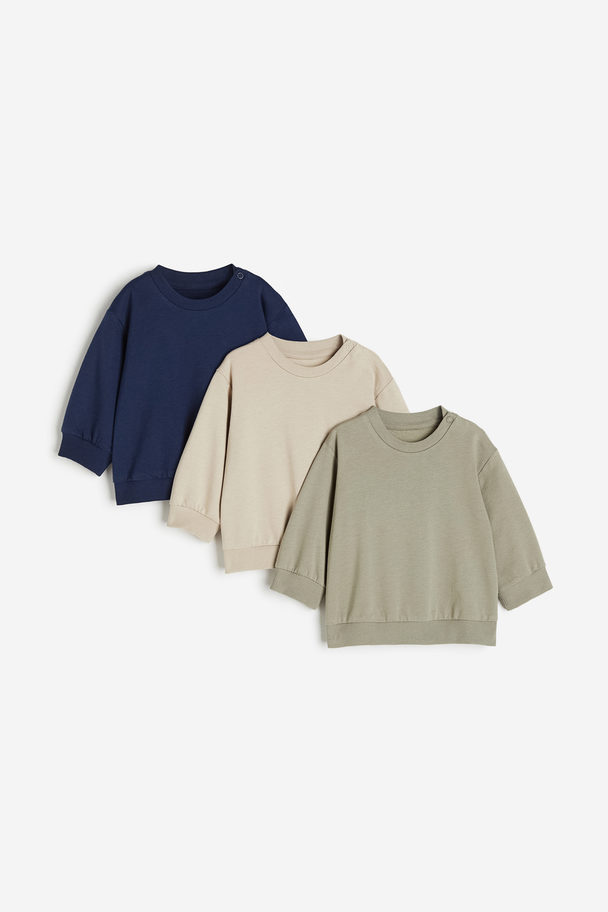 H&M 3-pack Cotton Sweatshirts  Dark Blue/khaki Green