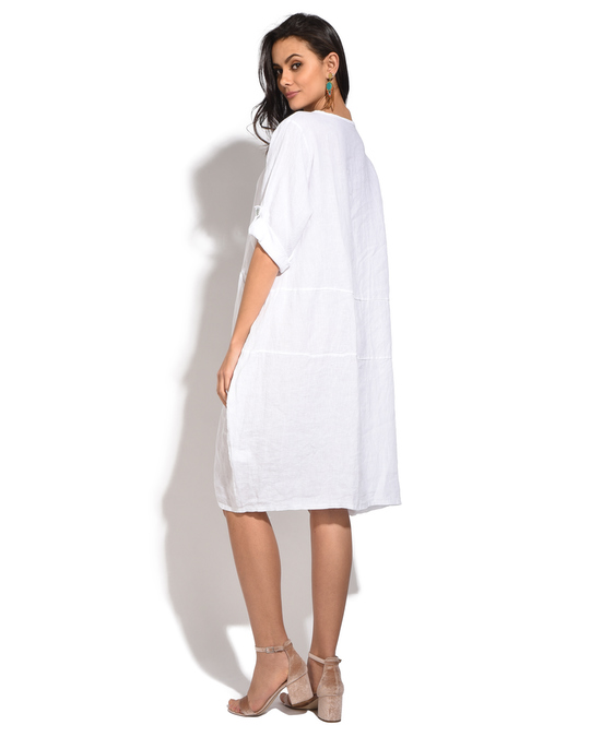 Le Jardin du Lin Fluid Mid-lenght Dress With Round Collar, Long Attachable Sleeves And Pockets