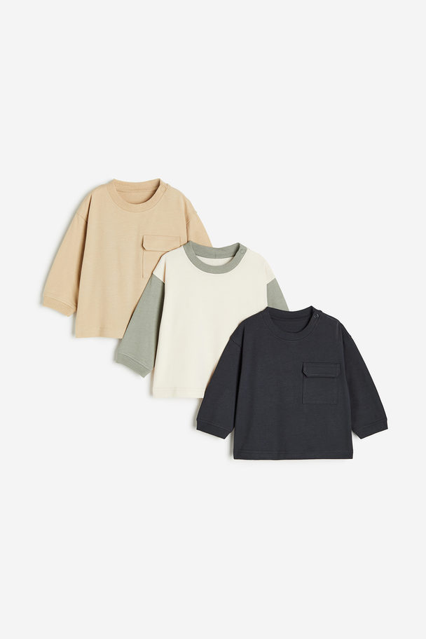 H&M 3-pack Cotton Jersey Tops Dark Grey/beige