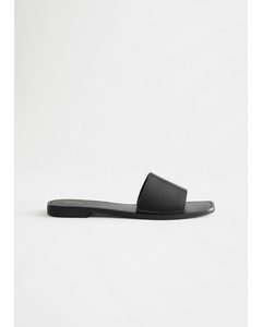 Squared Toe Leather Slide Sandals Black