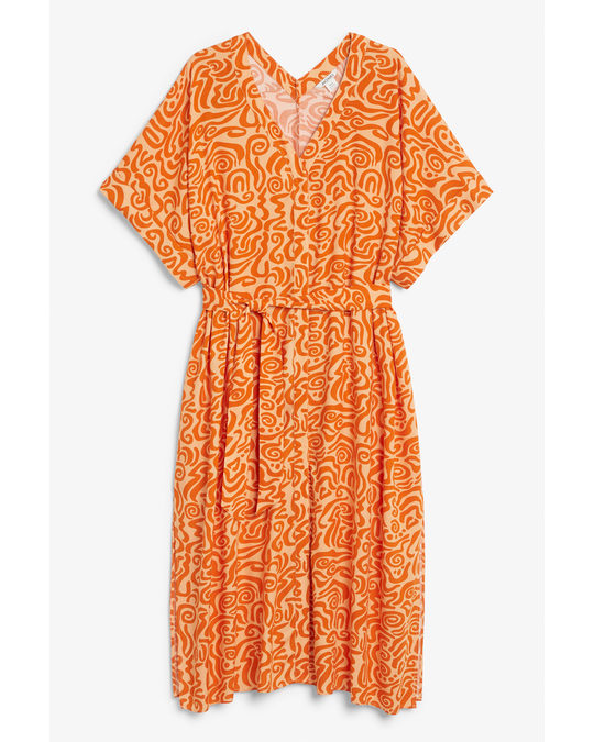 Monki Orange Doodle Print Flowy Tie-waist Dress Orange Doodle Print