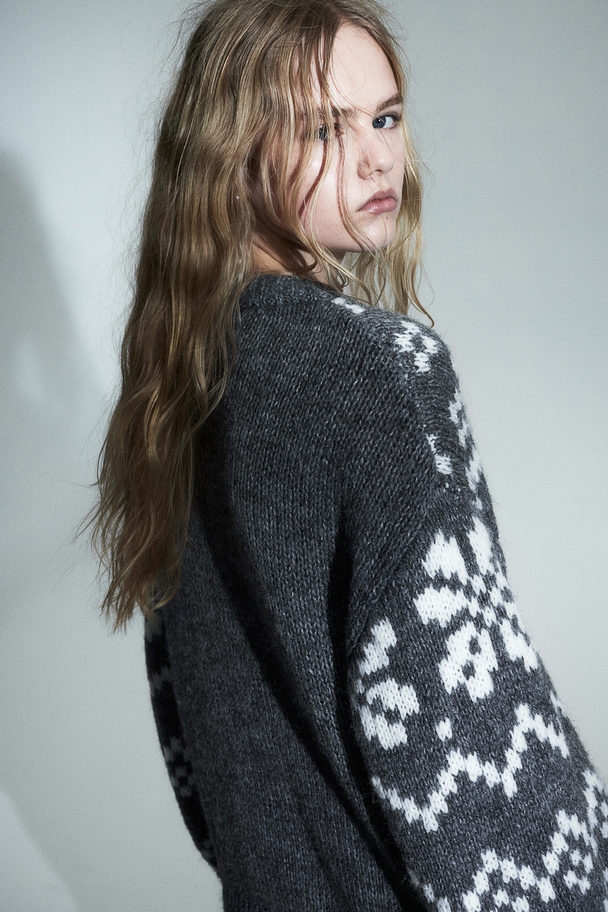 H&M Oversized Jacquard-knit Jumper Dark Grey Marl/patterned