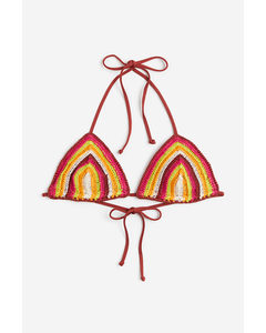 Crochet-look Triangle Bikini Top Dark Red/patterned