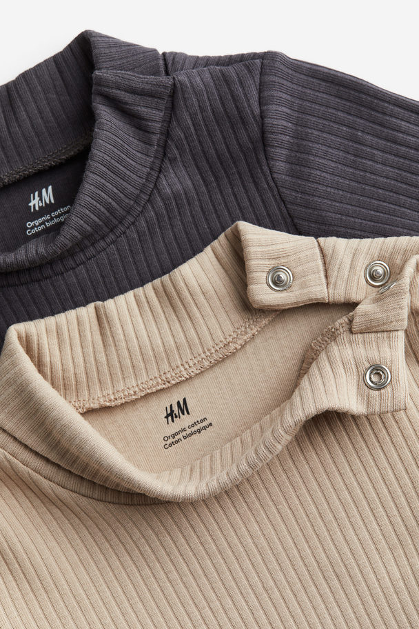 H&M 2-pack Ribbed Polo-neck Bodysuits Dark Grey/light Beige