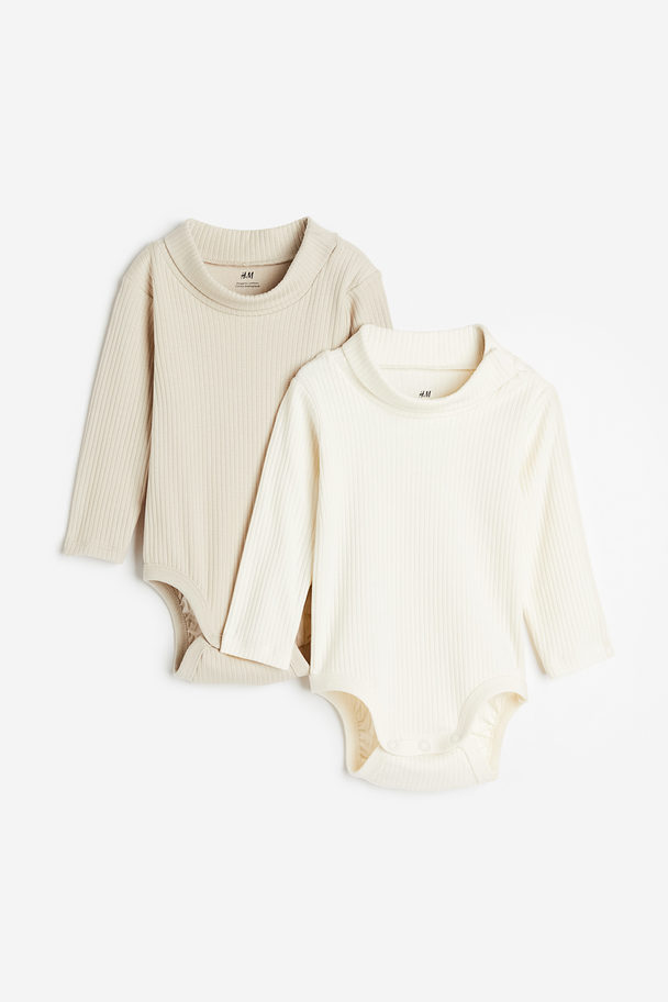 H&M 2-pack Ribbed Polo-neck Bodysuits Light Beige/natural White