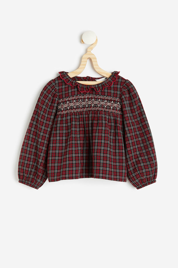 H&M Flounce-collar Cotton Blouse Red/checked
