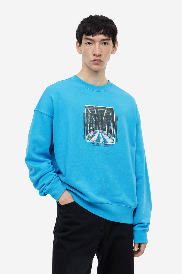 H&M Sweatshirt Med Tryck Relaxed Fit Blå/harlem